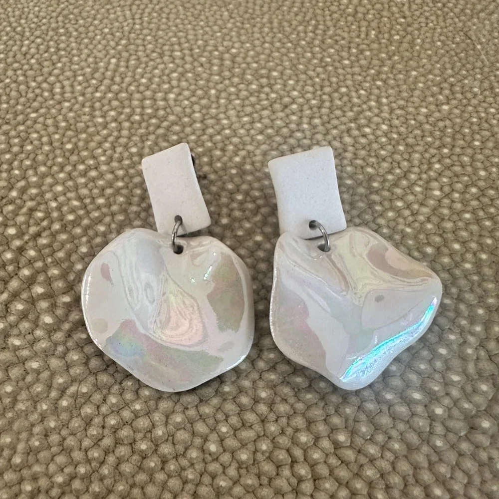 Iridescent White Porcelain Bohemian Handmade Earrings - Picture 1 of 4